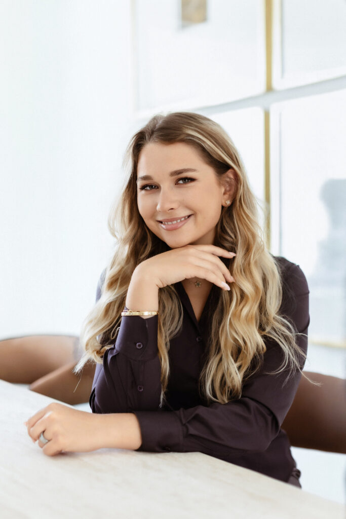 Glamorous studio headshot of young woman in Palm Beach, Florida
