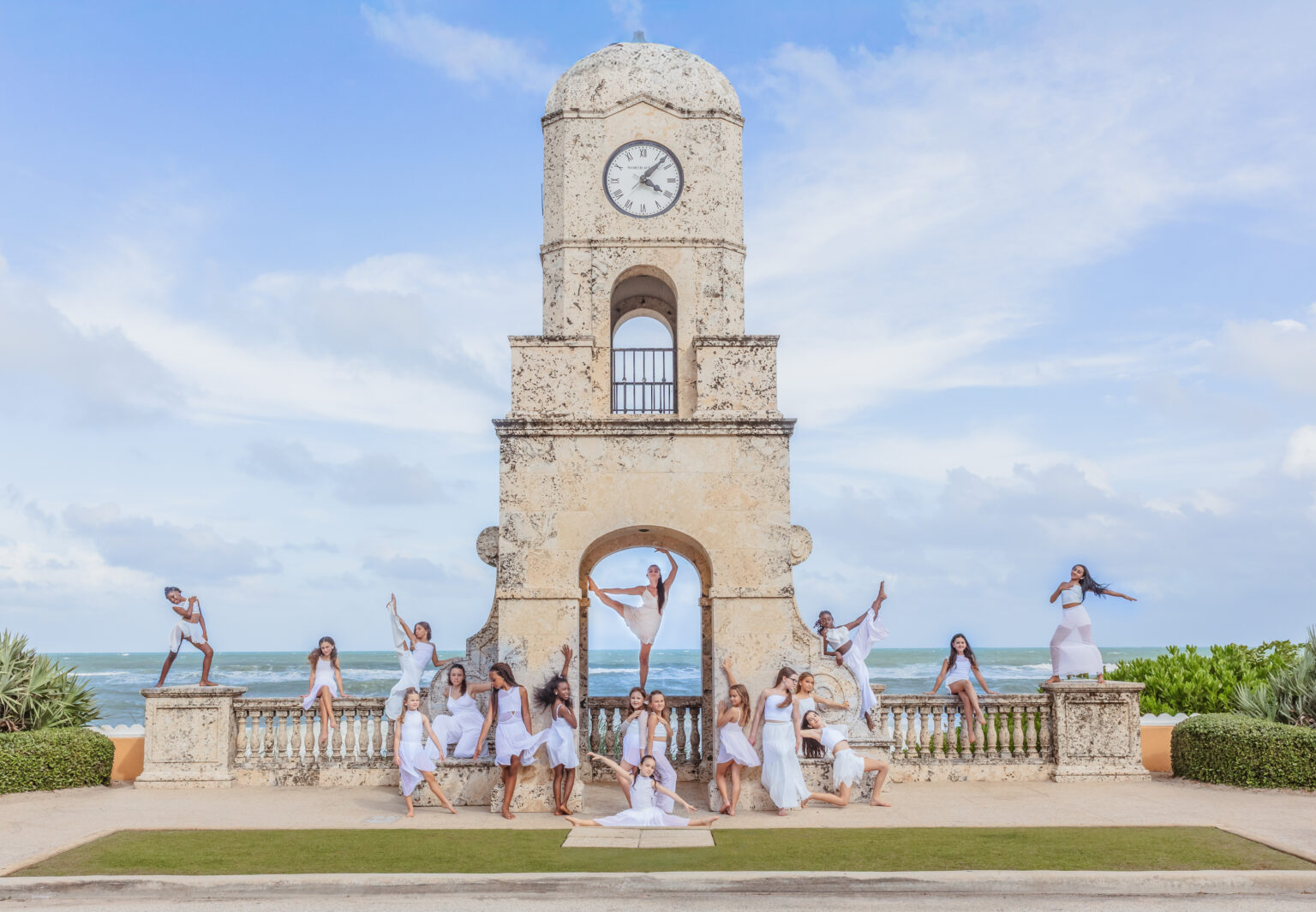 Vantage Pointe dancers posing at the Worth Avenue Clock Tower in Palm Beach, Florida